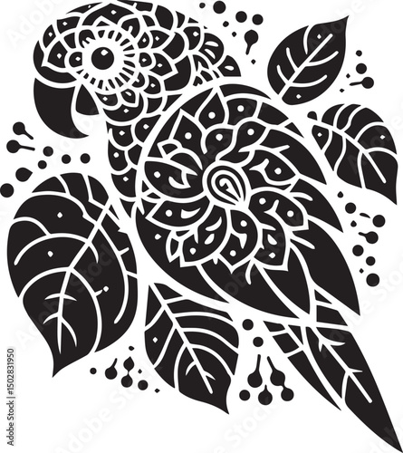 Intricate Mandala Parrot Illustration Black and White Vector Art