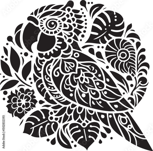 Ornate Parrot Tropical Bird Illustration Black and White Floral Design