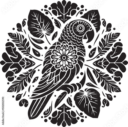 Ornate Parrot Illustration Black and White Tropical Bird Art