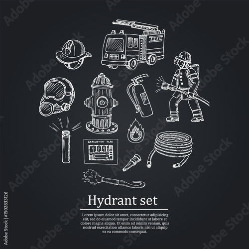 Hydrant hand drawn doodle set. Vector illustration. Isolated elements on white background. Symbol collection.