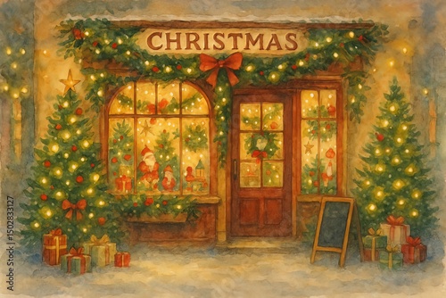 A christmas shop front with decorated trees, gifts, and lights in a watercolor painting style image