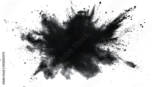 Black powder explosion on white background. Black dust explodes. Paint holi. Black vibrant rainbow holi paint color powder explosion with black colors isolated white background.