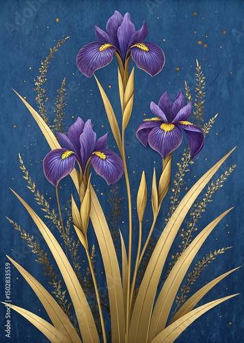 Purple Iris flowers bloom among golden leaves on a textured deep blue background