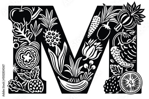 Letter m decorated with vegetables and fruits isolated on white background