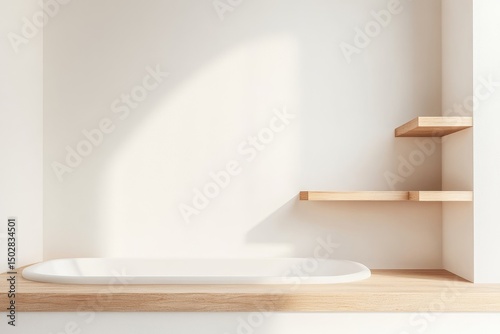 Minimalist bathroom with wooden shelves and bathtub. Sunlight streams in photo