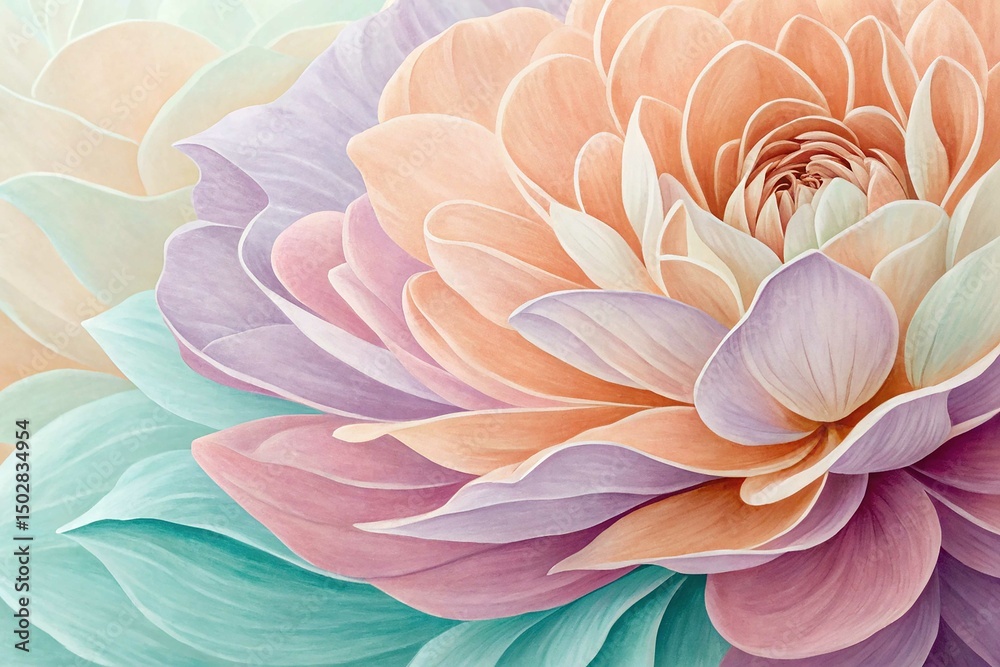 Fototapeta premium Watercolor dahlia shows smooth gradient petals in shades of pink, purple, peach, and turquoise