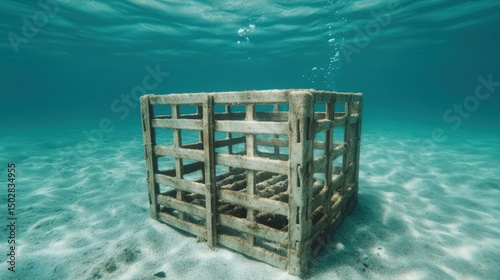 A wooden crate sits on the sandy ocean floor underwater, with bubbles rising to the surface in clear blue water.