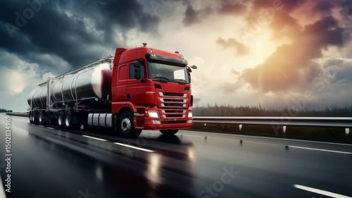 modern red fuel tanker truck on the road with copy space