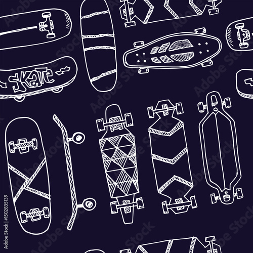 Skateboard hand drawn doodle seamless pattern. Isolated elements on white background. Symbol collection.