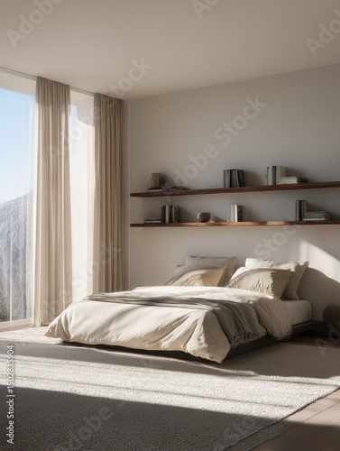 A tranquil bedroom with natural light and minimalist decor.