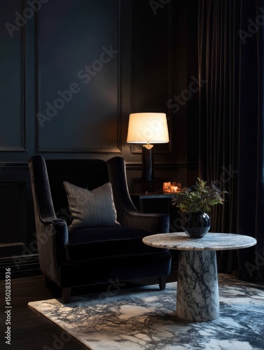Dark and elegant living room with a stylish armchair and marble coffee table.