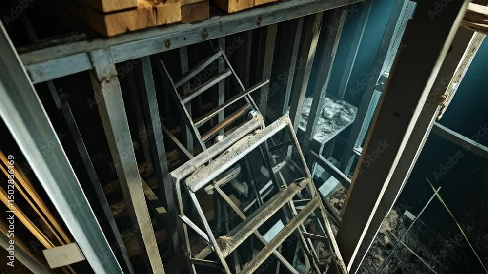An artistic photo captures the gritty detail of the construction site, highlighting the temporary ladders used to construct a building.