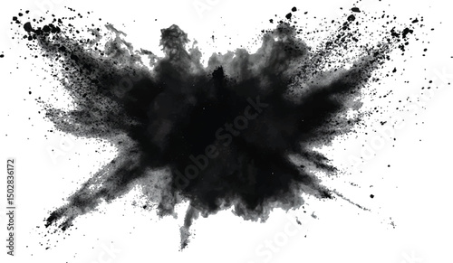 Black powder explosion on white background. Black dust explodes. Paint holi. Black vibrant rainbow holi paint color powder explosion with black colors isolated white background.