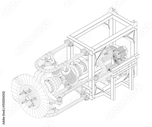 A drawing of a machine modular suspension with electric motor. The machine is a large, complicated piece of machinery with many parts. Isometric view. 3D