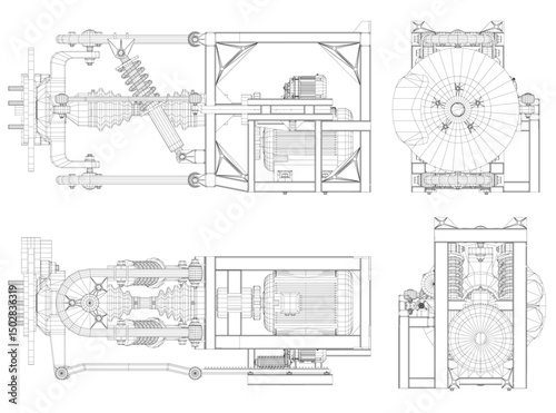 A drawing of a machine with a lot of detail. The drawing is in black and white