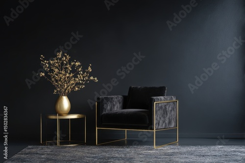 Luxurious black velvet armchair and gold accent table in a modern interior.