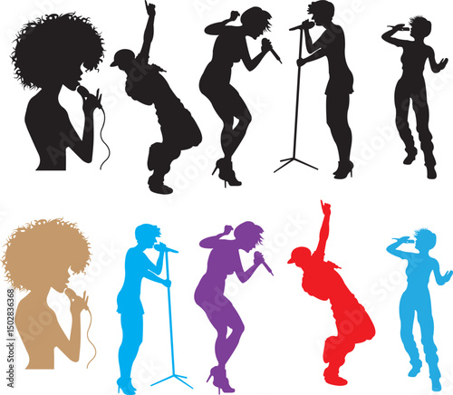 Silhouettes of male and female singers and performers in various dynamic poses, ideal for music-themed designs, event posters, album art, and creative projects
