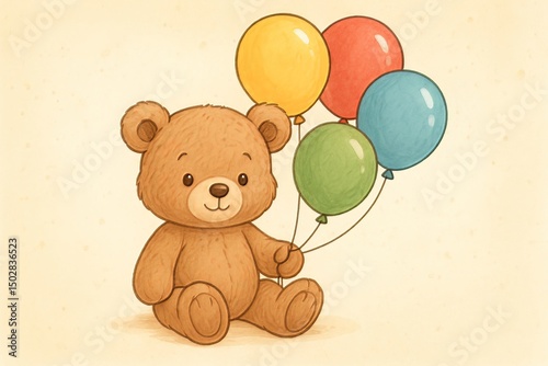 A cartoon teddy bear sitting and holding a bunch of colorful balloons on a light yellow background