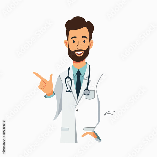  Flat vector of smiling young doctor with beard pointing sideways