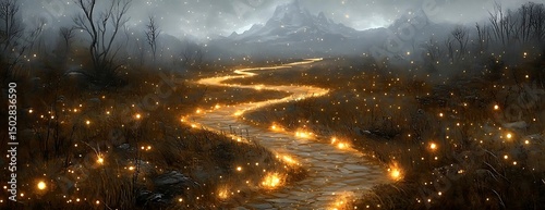 Luminous path, mountain background, fantasy scene