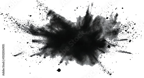 Black powder explosion on white background. Black dust explodes. Paint holi. Black vibrant rainbow holi paint color powder explosion with black colors isolated white background.