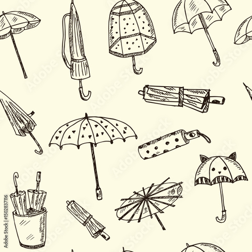 Umbrella hand drawn doodle seamless pattern. Isolated elements on white background. Symbol collection.