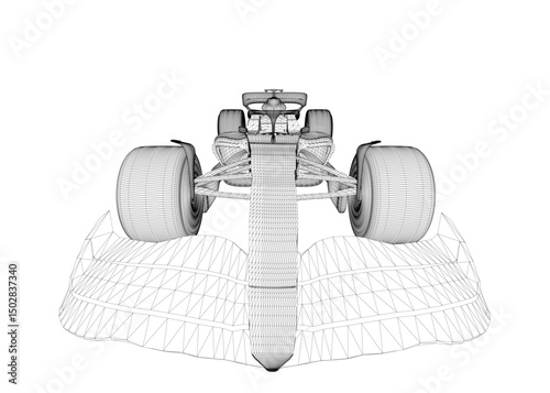 A car with a wheel on the side of it. The car is in a drawing and is not in color. Front view. 3D