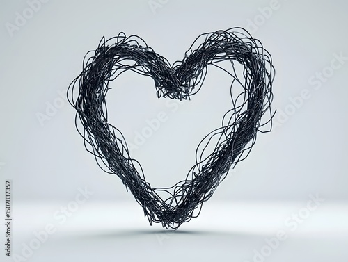 Tangled Heart: A conceptual, emotive heart shape formed from a chaotic entanglement of dark, wire-like lines, symbolizing complexity and the intricacies of emotion.