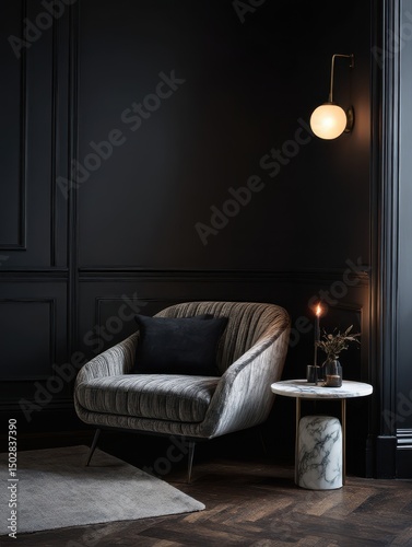 Stylish modern lounge chair and side table in a dark room.