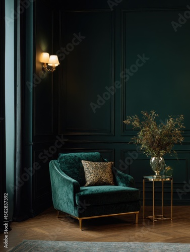 Luxurious emerald green velvet armchair in a dark, elegant room.