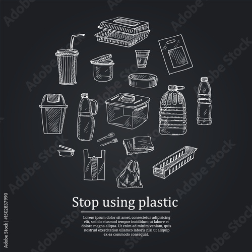 Stop using plastic hand drawn doodle set. Vector illustration. Isolated elements on white background. Symbol collection.
