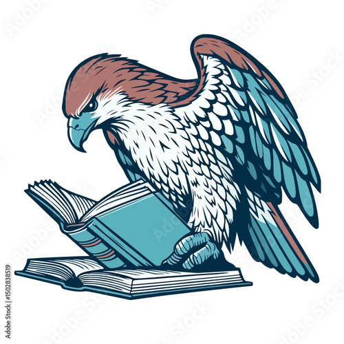Wise Eagle's Literary Pursuit: An illustrated image of an eagle engrossed in reading an open book, symbolizing knowledge, wisdom, and a thirst for information.
