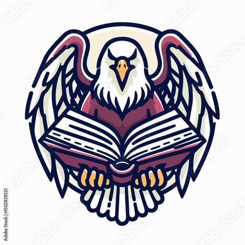 Wise Eagle and the Open Book: A wise eagle with its wings outstretched, holding a book with an open page, representing knowledge and wisdom. Ideal for educational and academic contexts.