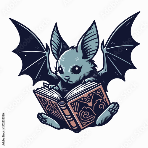 Bat reading a book: A charming illustration of a bat engrossed in reading a book, its tiny form radiating intelligence and curiosity in a mystical atmosphere.