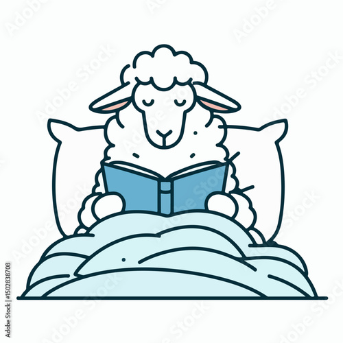 Sheep Reading Book: An adorable sheep reads a book in bed, with a fluffy pillow and blanket, evokes a sense of peaceful relaxation.