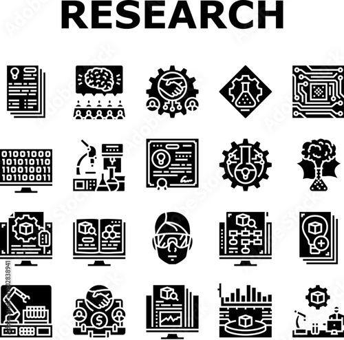research and development analysis icons set vector