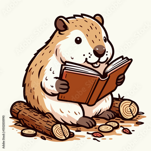 Bookish Beaver's Reading Nook: An adorable beaver, engrossed in a book, sits atop logs in a whimsical illustration, exuding a sense of scholarly charm and intellectual curiosity.