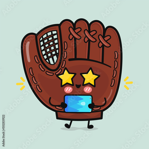 A cheerful cartoon Baseball Mitt with star eyes enjoys using a modern tablet device.