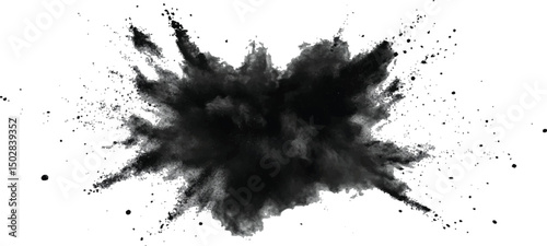 Black powder explosion on white background. Black dust explodes. Paint holi. Black vibrant rainbow holi paint color powder explosion with black colors isolated white background.