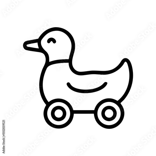 Cute Duck Toy on Wheels Line Icon – Minimal Baby Plaything Illustration