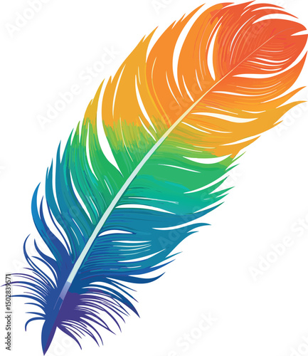 Painted rainbow feather on transparent background.