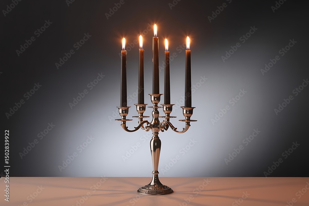 Fototapeta premium Elegant Candelabra with Lit Black Candles Casting Dramatic Shadows in Soft Light