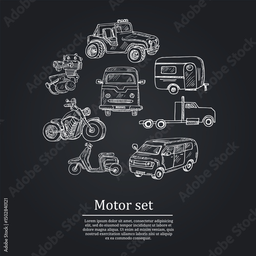 Motor hand drawn doodle set. Vector illustration. Isolated elements on white background. Symbol collection.