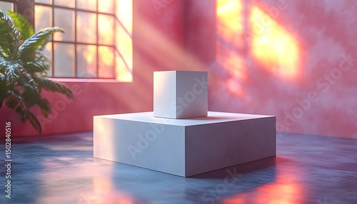 Minimalist White Pedestal Display with Warm Light in Pink Room Interior

 photo