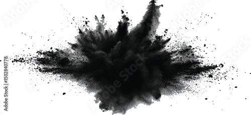 Black powder explosion on white background. Black dust explodes. Paint holi. Black vibrant rainbow holi paint color powder explosion with black colors isolated white background.