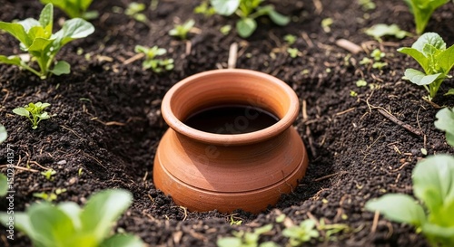 Terracotta Olla Irrigation Pot in Vegetable Garden Bed, Water Wise Gardening photo