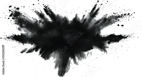 Black powder explosion on white background. Black dust explodes. Paint holi. Black vibrant rainbow holi paint color powder explosion with black colors isolated white background.