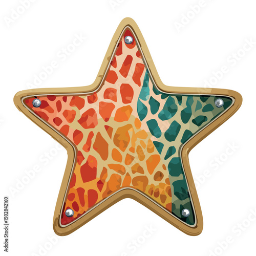 A brightly fading western-themed of a single image of a star shaped sign with cow print patterns