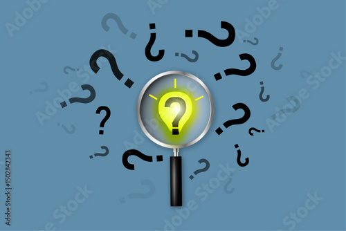 Idea Evolution Concept: Light Bulb Emerging from Question Marks with Magnifying Glass, Vector Graphic Illustration for Creativity and Innovation Inspiration