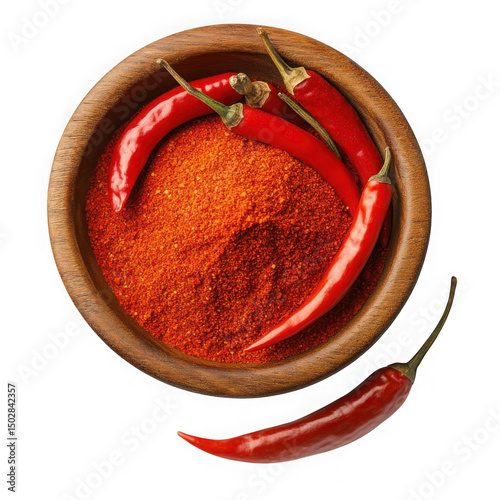 Red chili peppers and powder in wooden bowl isolated on transparent background
